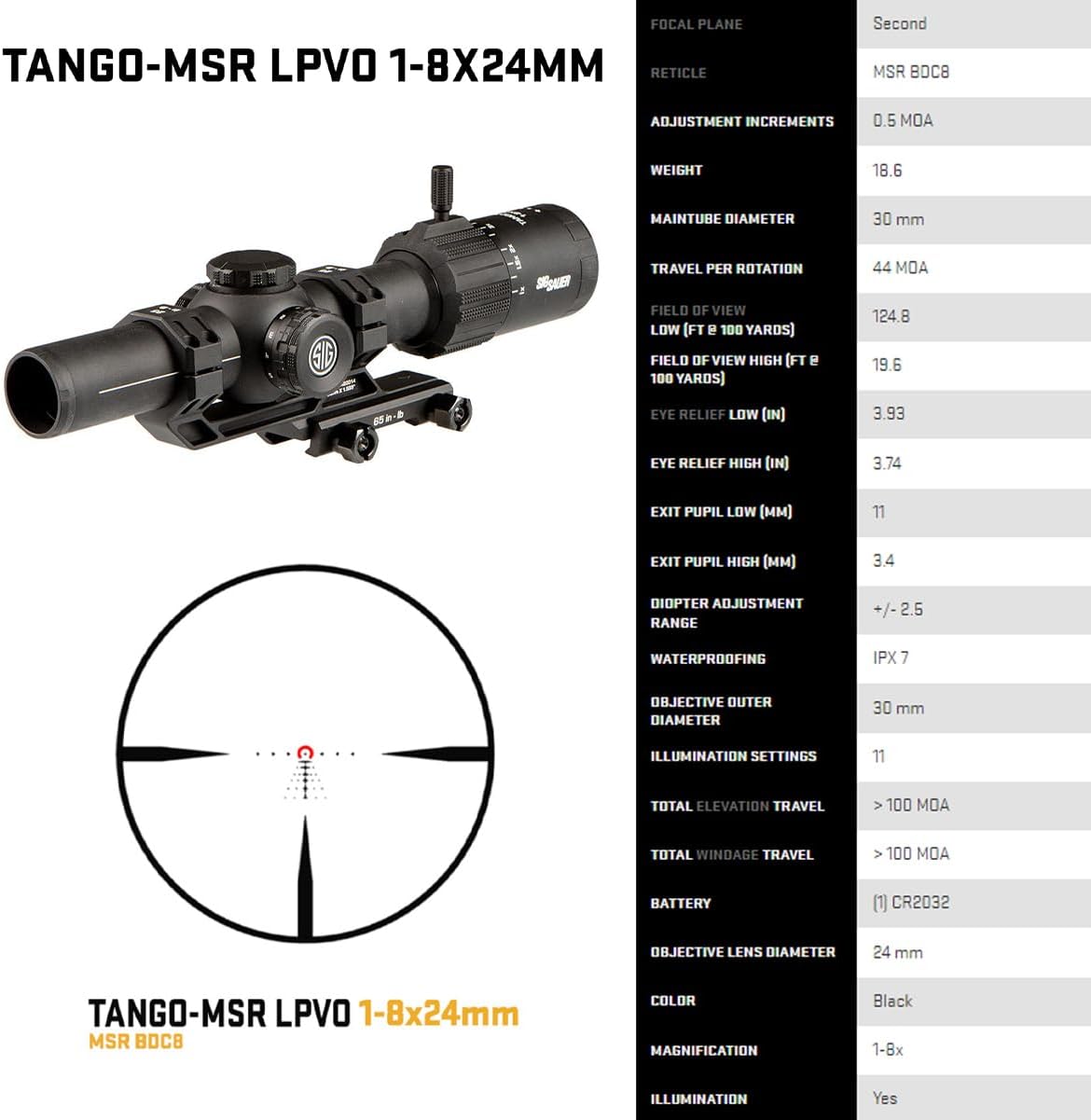 LPVO SIG SAUER TANGO-MSR 1-8x24mm SFP | Versatilidade Total com Operação Simples e Confiável