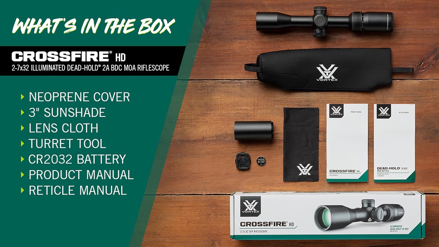 LUNETA VORTEX CROSSFIRE HD 2-7x32 SFP ILLUMINATED DEAD-HOLD® BDC | Leve, Rápida e Precisa para Caça